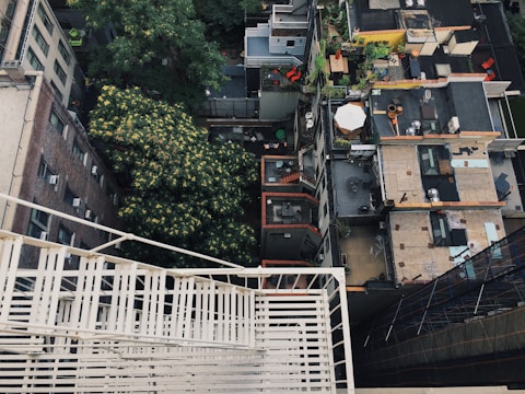 Aerial view of a dense urban environment with a focus on a rooftop courtyard. Multiple rooftops and terraces are visible, each having various items like tables, chairs, and plants. A large tree with green and yellow leaves contrasts against the concrete and brick buildings.