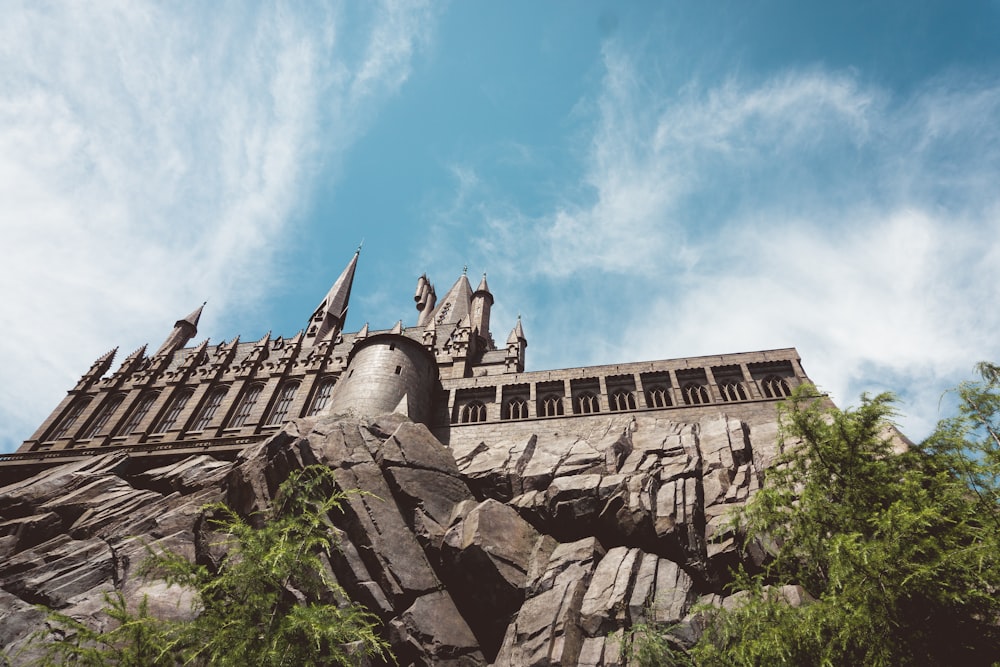 low-angle photo of brown castle on edge of cliff