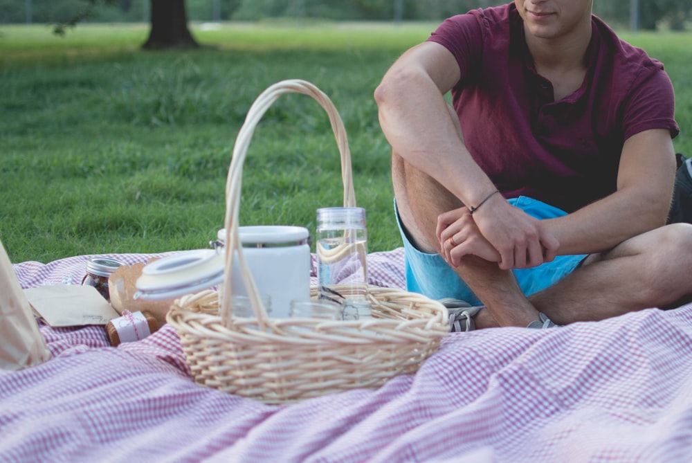 man sitting near basket