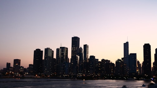 A city skyline with financial buildings at sunset.