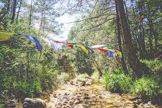 A small group enjoying a peaceful moment by a temple, surrounded by vibrant prayer flags.