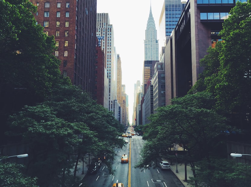 A New York City street in Midtown with trees and skyscrapers on either side