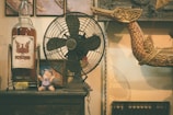 An antique tabletop fan is placed beside a large bottle with an ornate label on it. In front of the fan, there is a small plush toy dressed in a blue outfit. To the right, a golden decorative dragon head, intricately designed, is part of a larger sculptural piece. The background reveals a few framed pictures or artwork.