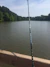 A fisherman casting a line into a calm lake surrounded by trees.