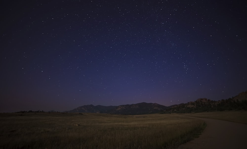 Grünes Grasfeld in der Nähe des Berges bei Nacht Foto