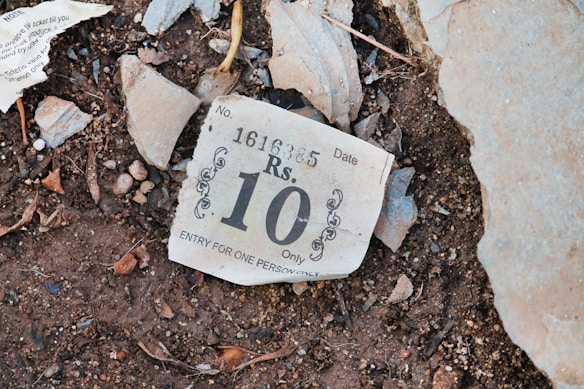 A torn piece of paper with the printed text 'Rs. 10' and 'ENTRY FOR ONE PERSON ONLY' is on a ground surface mixed with pebbles, dirt, and dried leaves.