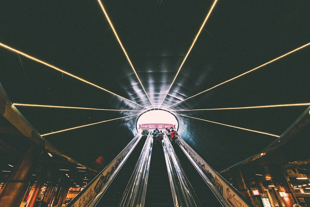 low-angle photography of people using escalator