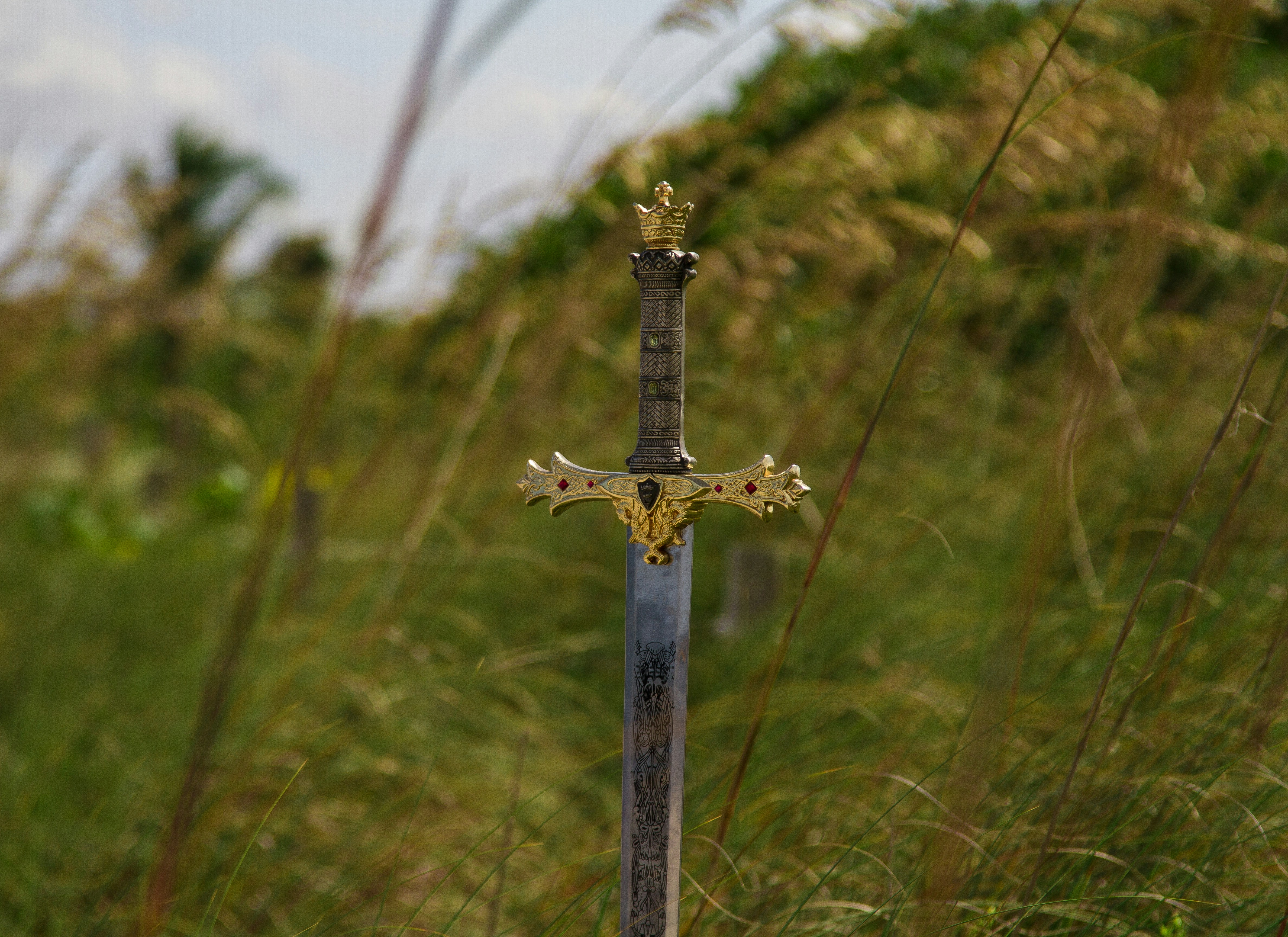 Decorated sword in grass field