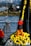 Two individuals are on a fishing boat handling large fishing nets. The man in the foreground is wearing bright orange pants and a red jacket, standing amongst a pile of yellow and white buoys. The background features more fishing boats and a rocky shoreline with snow-capped mountains.