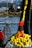 Two individuals are on a fishing boat handling large fishing nets. The man in the foreground is wearing bright orange pants and a red jacket, standing amongst a pile of yellow and white buoys. The background features more fishing boats and a rocky shoreline with snow-capped mountains.