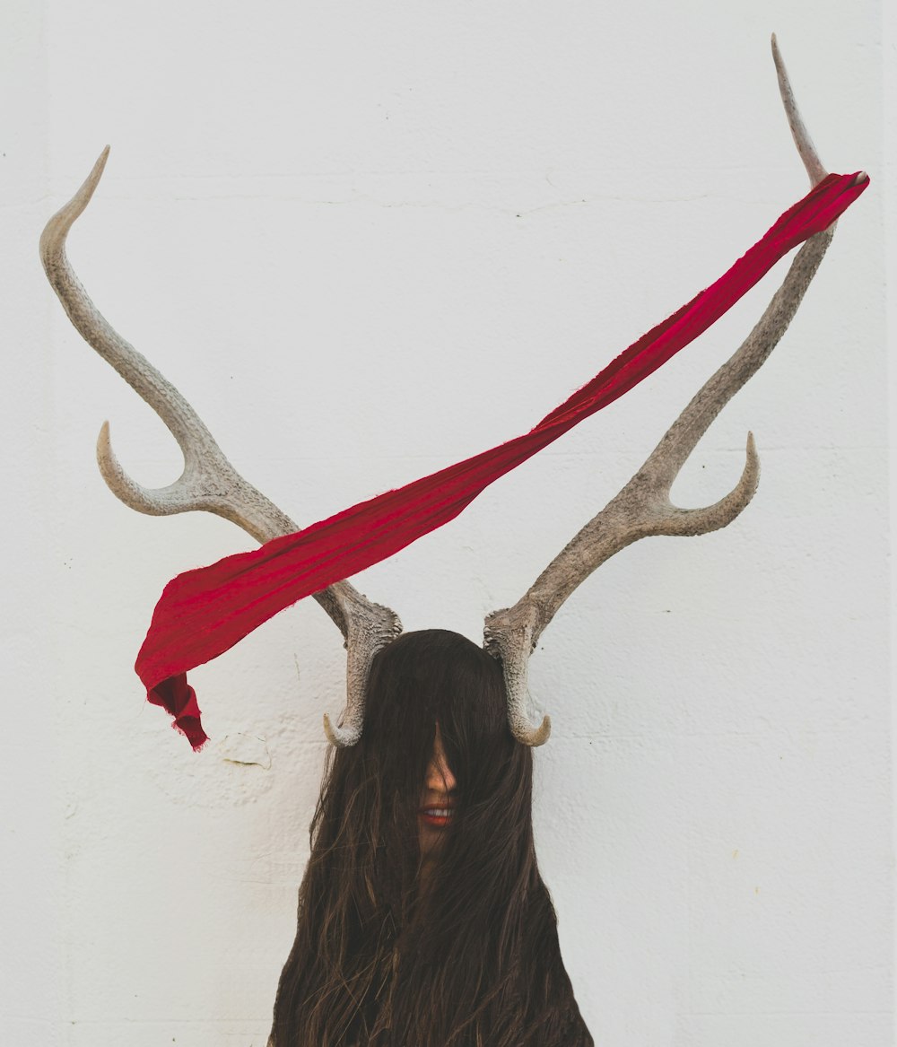 A piece of red fabric on a deer's antlers.