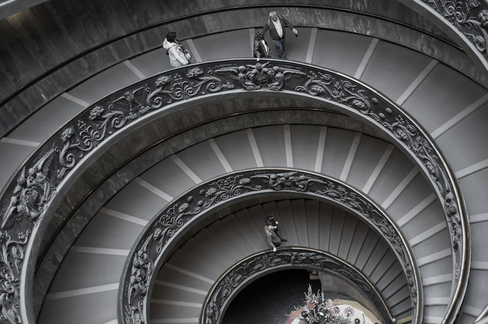 people walking on spiral staircase