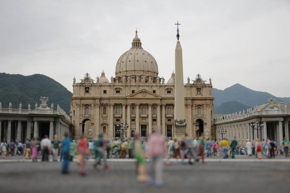 crowd of people walking near church