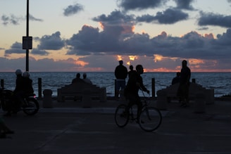 A group of cyclists enjoying a scenic ride along the beach at sunset.