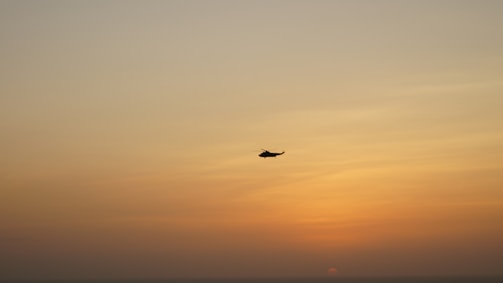 A player piloting a helicopter above a zombie-infested coastline at sunset.