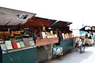 An outdoor book market with several open stalls displaying various books, some with ornate spines. A man sits on a chair next to one of the stalls, wearing a hat and a coat. A few paintings are leaning against the stalls.