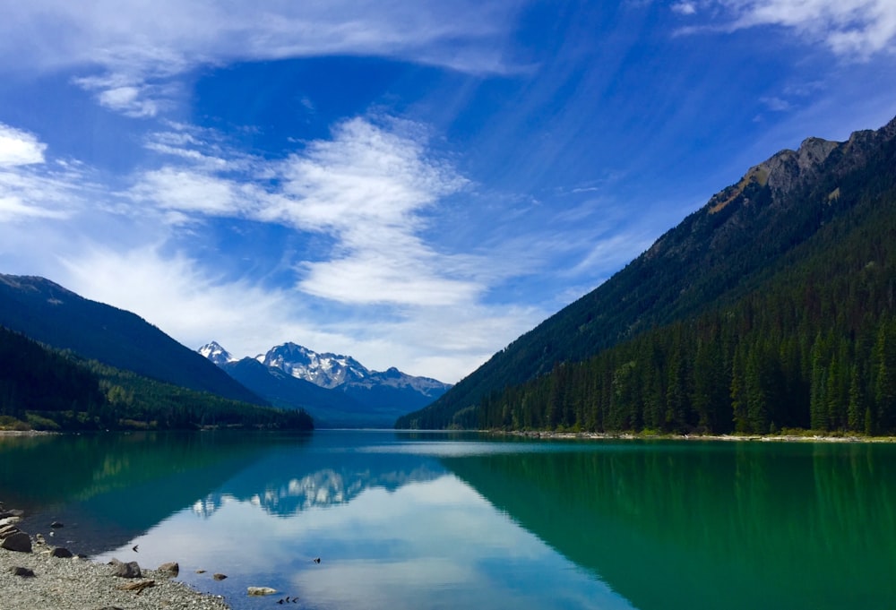 reflective photo of mountains and lake under blue sky