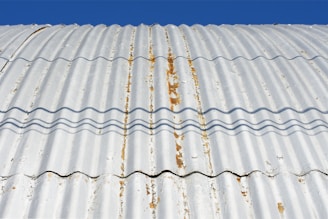 A technician inspecting a metal roof under a clear blue Queensland sky.