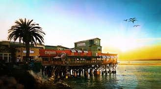 A vibrant coastal scene features a restaurant on wooden stilts extending over the water. To the left, a large palm tree provides an exotic touch, while the bright sunlight creates a warm glow on the horizon. Birds are flying above, and a sailboat is visible in the distance.