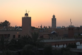 The image captures an urban skyline at sunset with silhouetted buildings, including two prominent towers featuring intricate architectural details. Palm trees and satellite dishes can be seen on the rooftops, enhancing the exotic and historical ambiance.
