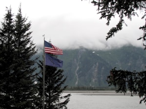 Overcast sky with clouds partially covering a mountain range in the background. A river or lake is visible in the foreground, flanked by tall evergreen trees. The American and Alaskan flags are prominently displayed on a flagpole among the trees.