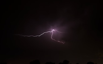 A vivid bolt of lightning illuminates the dark sky, with branches radiating outward against a backdrop of deep clouds. The silhouettes of treetops are visible at the bottom of the image, contrasting with the brightness of the lightning.
