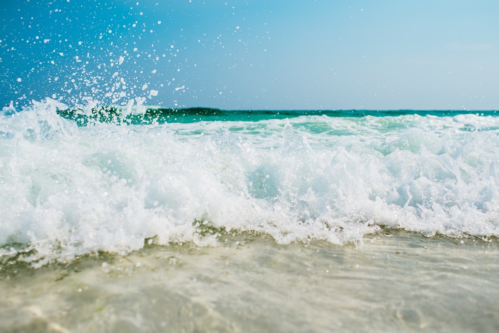 The tide coming in with a white wave splashing around.