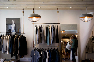 clothing boutique interior with hanging racks