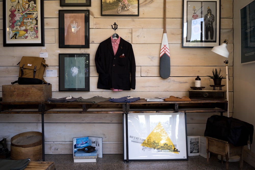 black suit jacket hang on wall