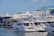 A marina filled with several white luxury yachts docked alongside a pier. In the background, there is industrial infrastructure, including a large crane labeled 'Wise 80 Ton.' The sky is clear with a few clouds visible, and the surrounding area is bustling with maritime activity.