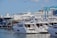 A marina filled with several white luxury yachts docked alongside a pier. In the background, there is industrial infrastructure, including a large crane labeled 'Wise 80 Ton.' The sky is clear with a few clouds visible, and the surrounding area is bustling with maritime activity.
