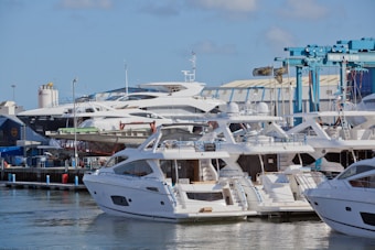 A marina filled with several white luxury yachts docked alongside a pier. In the background, there is industrial infrastructure, including a large crane labeled 'Wise 80 Ton.' The sky is clear with a few clouds visible, and the surrounding area is bustling with maritime activity.
