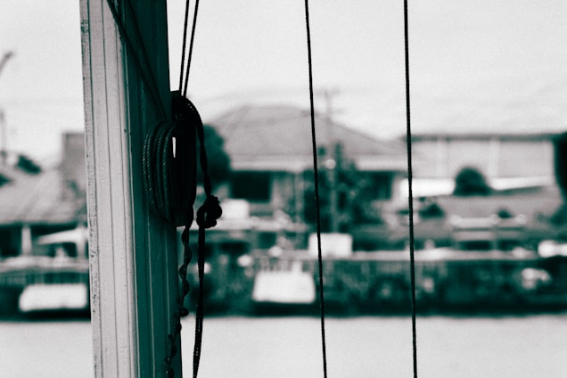 A close-up view of ropes tied around a vertical pole with a blurred background featuring some buildings and nature. The image is tinted in monochromatic green tones, giving it an abstract and artistic feel.