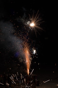 Bright fireworks bursting over the festival grounds at night.
