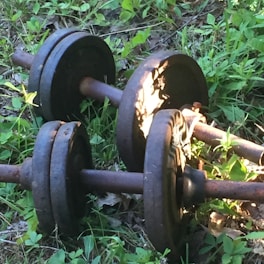 A vintage rusty dumbbell resting on a weathered wooden floor in a gym setting.