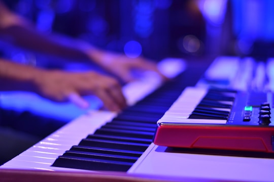 Close-up of Douglas Morales intensely playing keyboard with colorful tropical background.