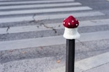 A knitted cap resembling a mushroom is placed on top of a metal post near a pedestrian crossing. The cap has a red top with white spots and a white stem, imitating the appearance of a toadstool mushroom. The background features a blurred view of the asphalt road and zebra crossing lines, with some fallen leaves scattered around.