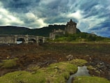 A historic stone castle stands proudly on a lush green landscape, surrounded by green shrubbery. A stone arched bridge extends over a body of water leading towards the castle. The background features rolling hills under a dramatic, overcast sky. A flag with a blue and white design flutters in the breeze.