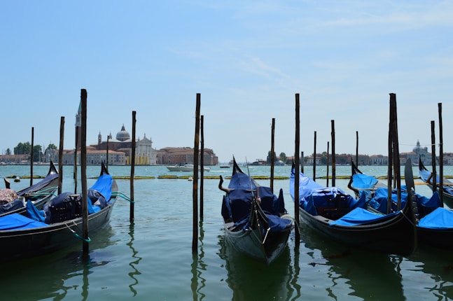 Several gondolas floating in a calm, narrow canal with bright blue covers, lined up near long, wooden poles. In the background, historic buildings and domes are visible across the water, under a clear, blue sky.