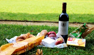 A scenic picnic setup with local breads, cheeses, and wine, framed by rolling European hills.
