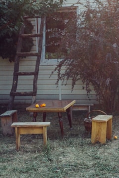 A rustic outdoor setting featuring a small wooden table with two matching benches and an additional stool. The table has a few small orange flowers placed on it. In the background, there is an old wooden ladder leaning against a house with a window partially obscured by foliage from overgrown bushes.