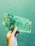 person holding two 20 Canadian dollar banknotes