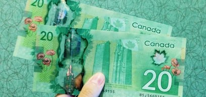 person holding two 20 Canadian dollar banknotes