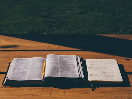 An open book and a notebook with handwritten notes sit on a wooden table under natural light. A pencil is placed in the book, suggesting it's being used for study or preparation.