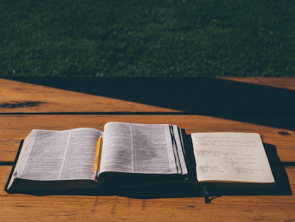 An open book and a notebook with handwritten notes sit on a wooden table under natural light. A pencil is placed in the book, suggesting it's being used for study or preparation.