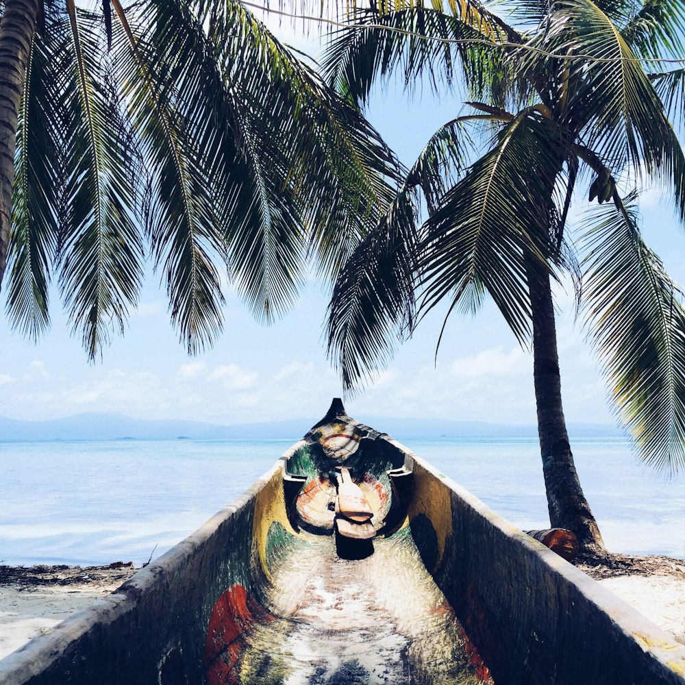 gray canoe in front of ocean