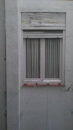 A closed white-framed window with vertical blinds is set into a light gray wall. The wall shows signs of aging and weathering, with some peeling paint above the window. Several thin lines or wires are attached to the window sill, stretching outward, possibly for drying clothes.