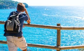 A person with a backpack leans on a wooden fence while gazing at a vast, sparkling blue ocean. The sea stretches towards the horizon, with a few boats visible in the distance and lush green hills partially seen on the left.