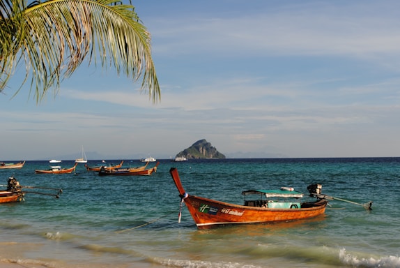 A serene view of the German Channel waters with traditional Palauan canoes floating gently near the shore.