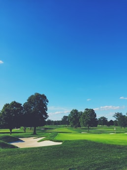 A lush green golf course stretches out under a vibrant blue sky, featuring well-maintained fairways and putting greens. Multiple sand bunkers are strategically placed around the course, and large, leafy trees are scattered, providing a picturesque landscape.